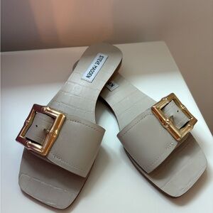 Steve Madden Taupe Slide Sandals with Gold Buckle